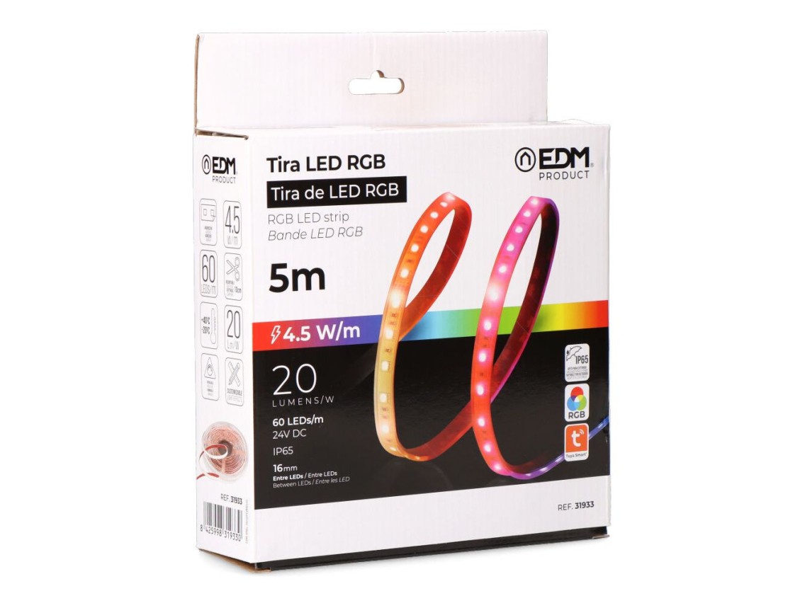 Adhesive rgb led strip 5m x 12 mm 4.5 w/m -20 lm/w 24v dc, wifi tuya app