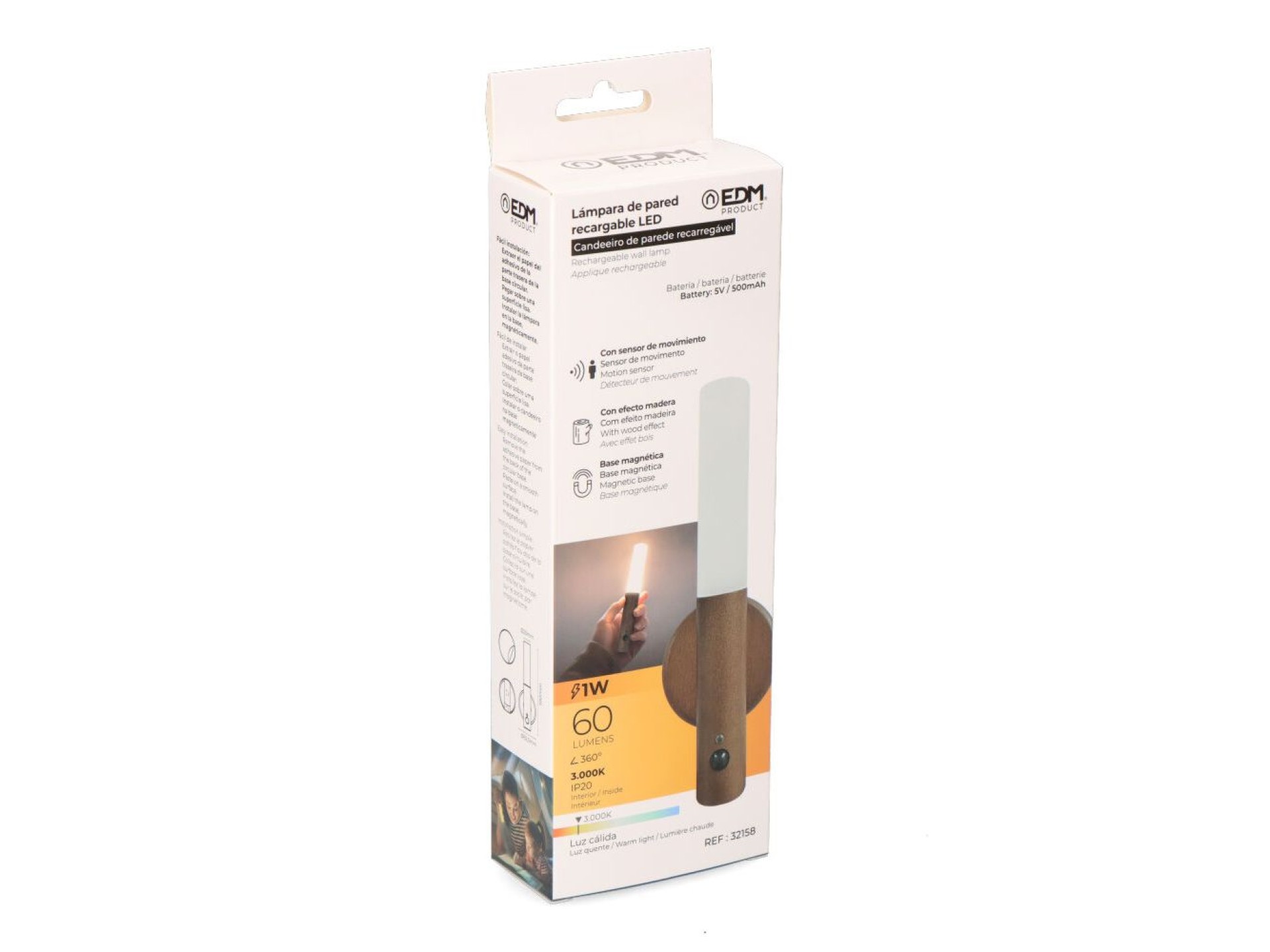 Lâmpada de parede led recarregável 1w 60lm 3.000k com sensor de movimento