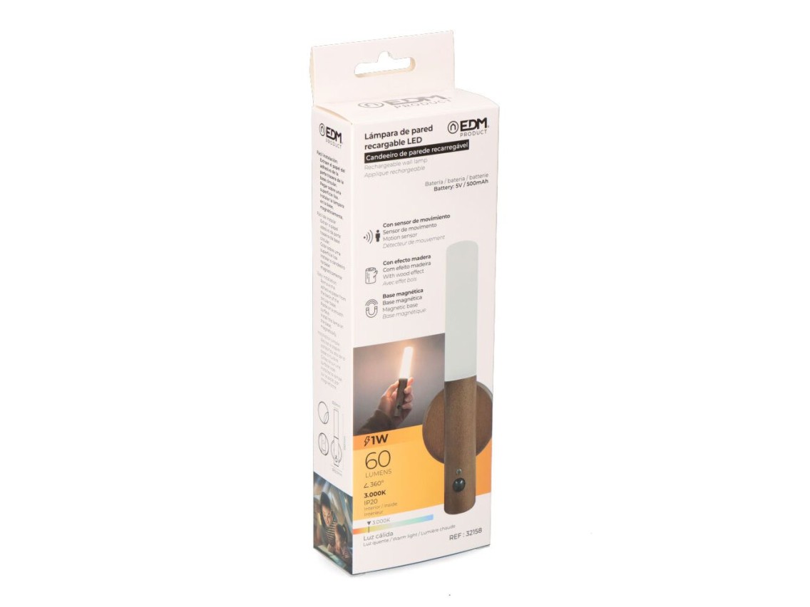 Lâmpada de parede led recarregável 1w 60lm 3.000k com sensor de movimento