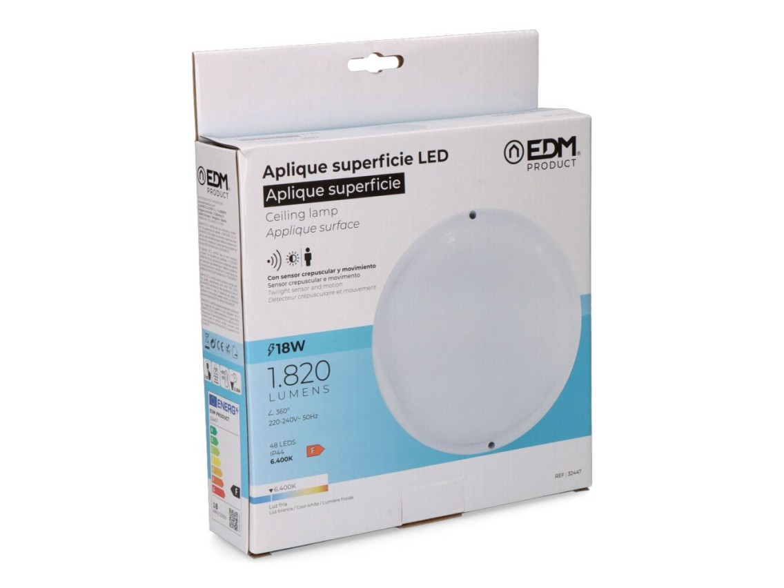 Round led wall light with twilight and motion sensor 18w 1820lm 6,400k cool white edm