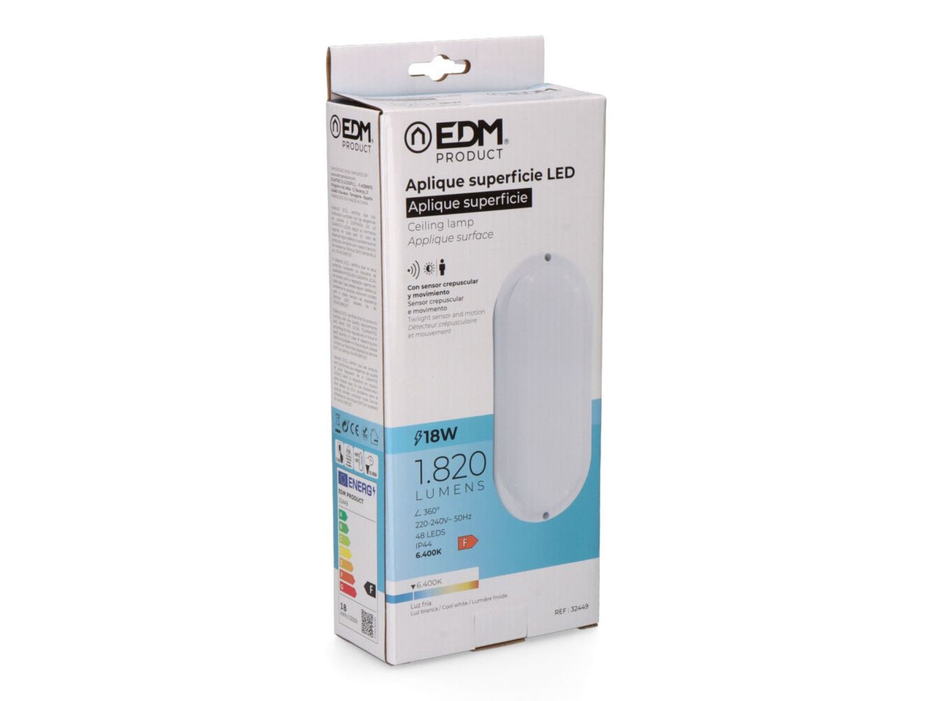 Aplique led oval con sensor crepuscular y de movimiento 18 w 1820 lm 6.400 k 23 x 10,2 x 4,5 cm