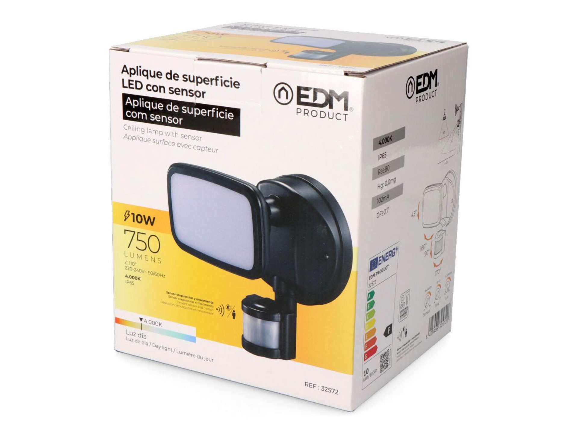 Aplique foco led con sensor crepuscular y de movimiento 10 w 750 lm 4000 k luz día, ip65, negro, ø12