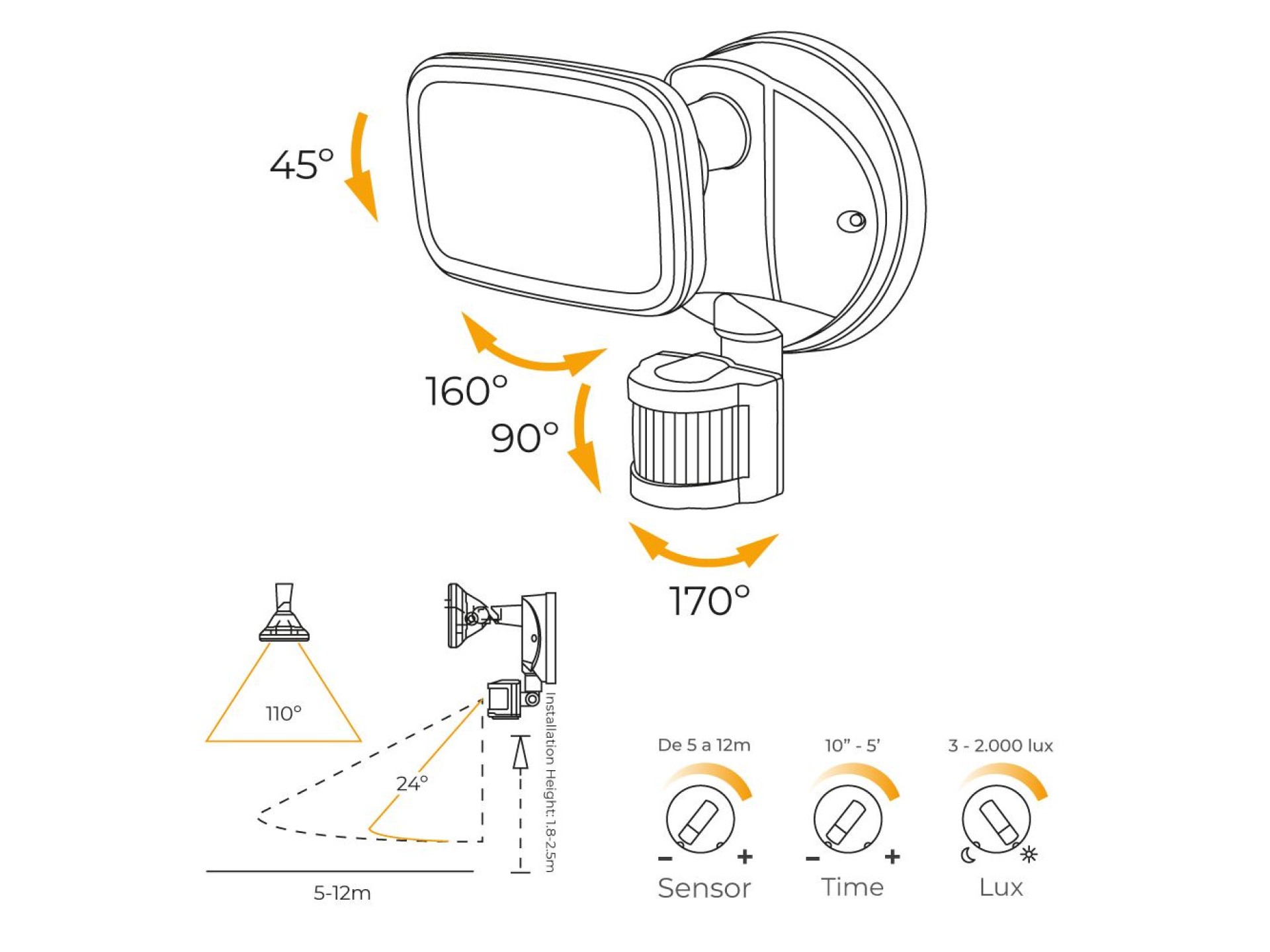 Aplique foco led con sensor crepuscular y de movimiento 10 w 750 lm 4000 k luz día, ip65, negro, ø12