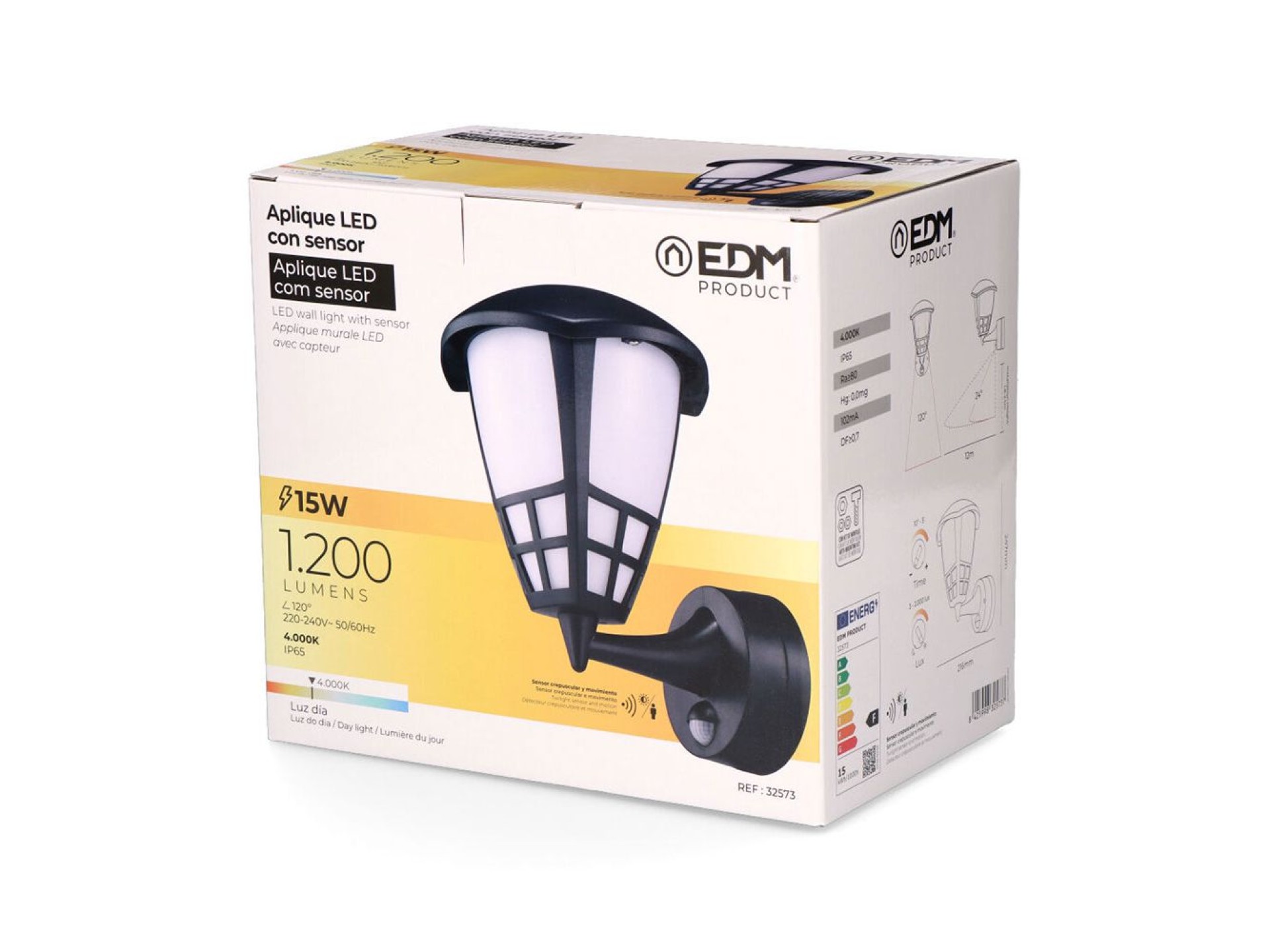 Aplique led con sensor crepuscular y movimiento 15 w 1200 lm 4000 k luz día, negro, 21,6 x 16 x 24,7