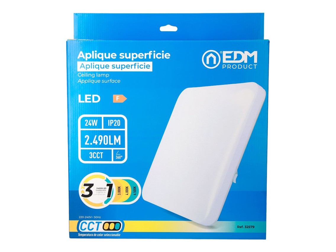 Aplique led cuadrado extraplano de superficie 24 w 3cct 2490 lm 37 x 37 x 6,7 cm
