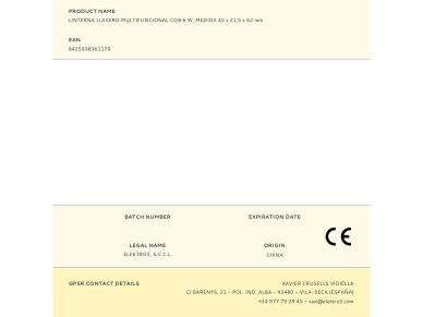 Linterna llavero multifuncional cob 6 w, medida 45 x 21,5 x 62 mm