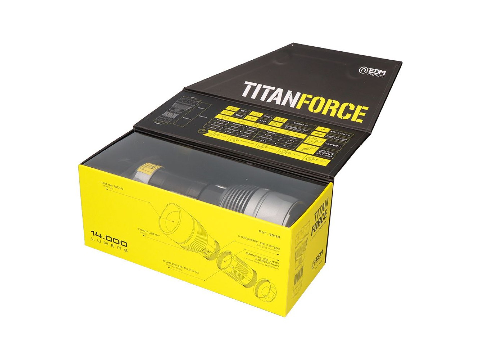 Titanforce rechargeable tactical led flashlight 14,000 lm 6500 k 150 w ip44 + lanyard