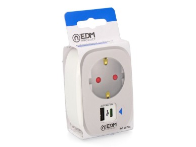 Adaptador 1 toma 2p+t schuko con 2 usb (a + c), blanco