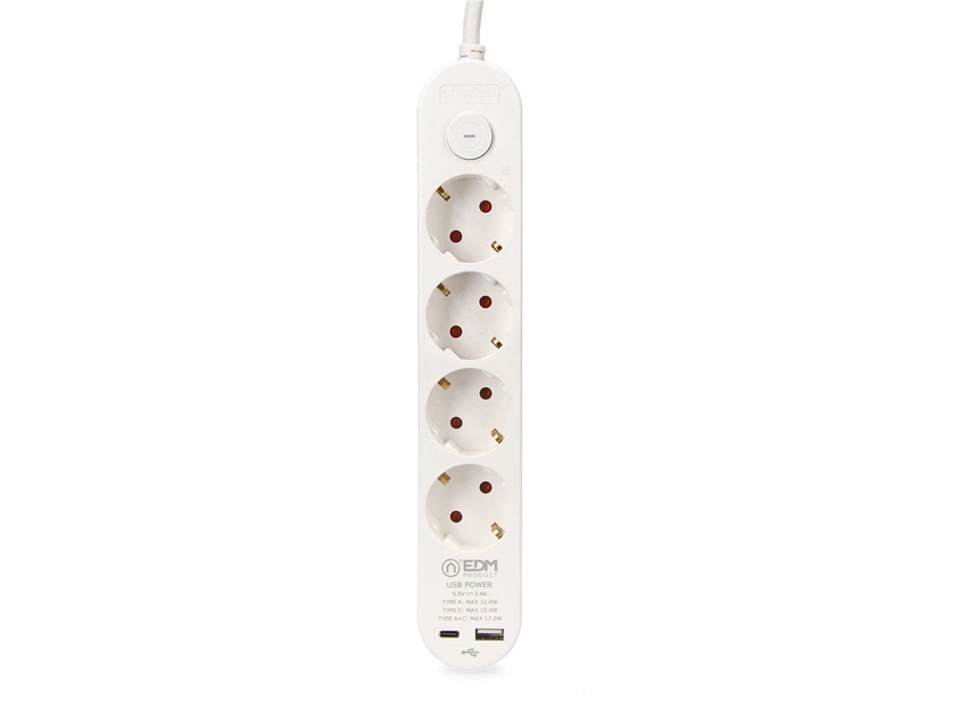 Extension lead with 4 2 p+e schuko sockets, with switch, 2 usb a + c, 16 a 250 v, cable h05vv-f, 3g1
