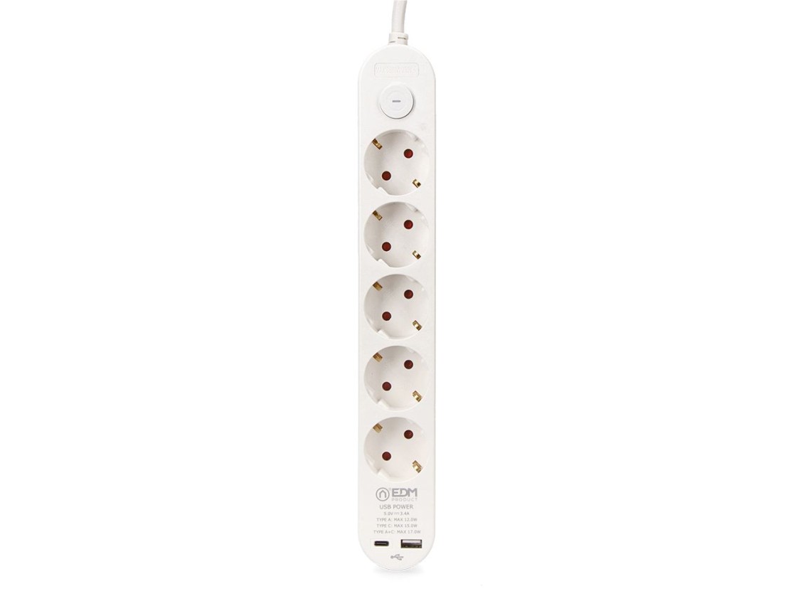 Extensão com 5 tomadas 2p+t schuko, com interruptor, 2 usb a + c, 16 a 250 v, cabo h05vv-f, 3g1,5mm²