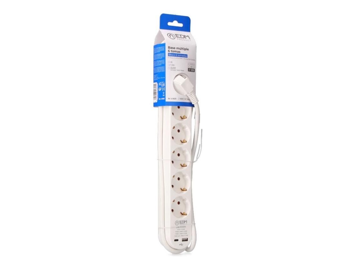 Extension lead with 6 2 p+e schuko sockets, with switch, 2 usb a + c, 16 a 250 v, cable h05vv-f, 3g1