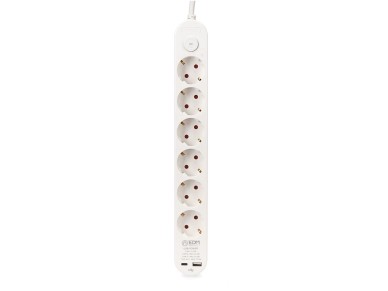 Extens�o com 6 tomadas 2 p+t schuko, com interruptor, 2 usb a + c, 16 a 250 v, cabo h05vv-f, 3g1,5mm