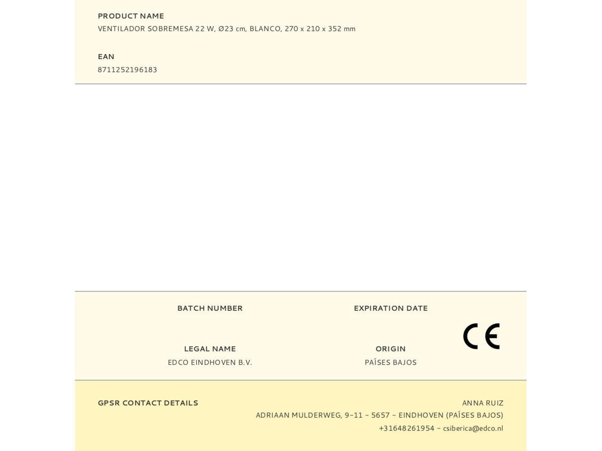 Ventilador sobremesa 22 w, ø23 cm, blanco, 270 x 210 x 352 mm