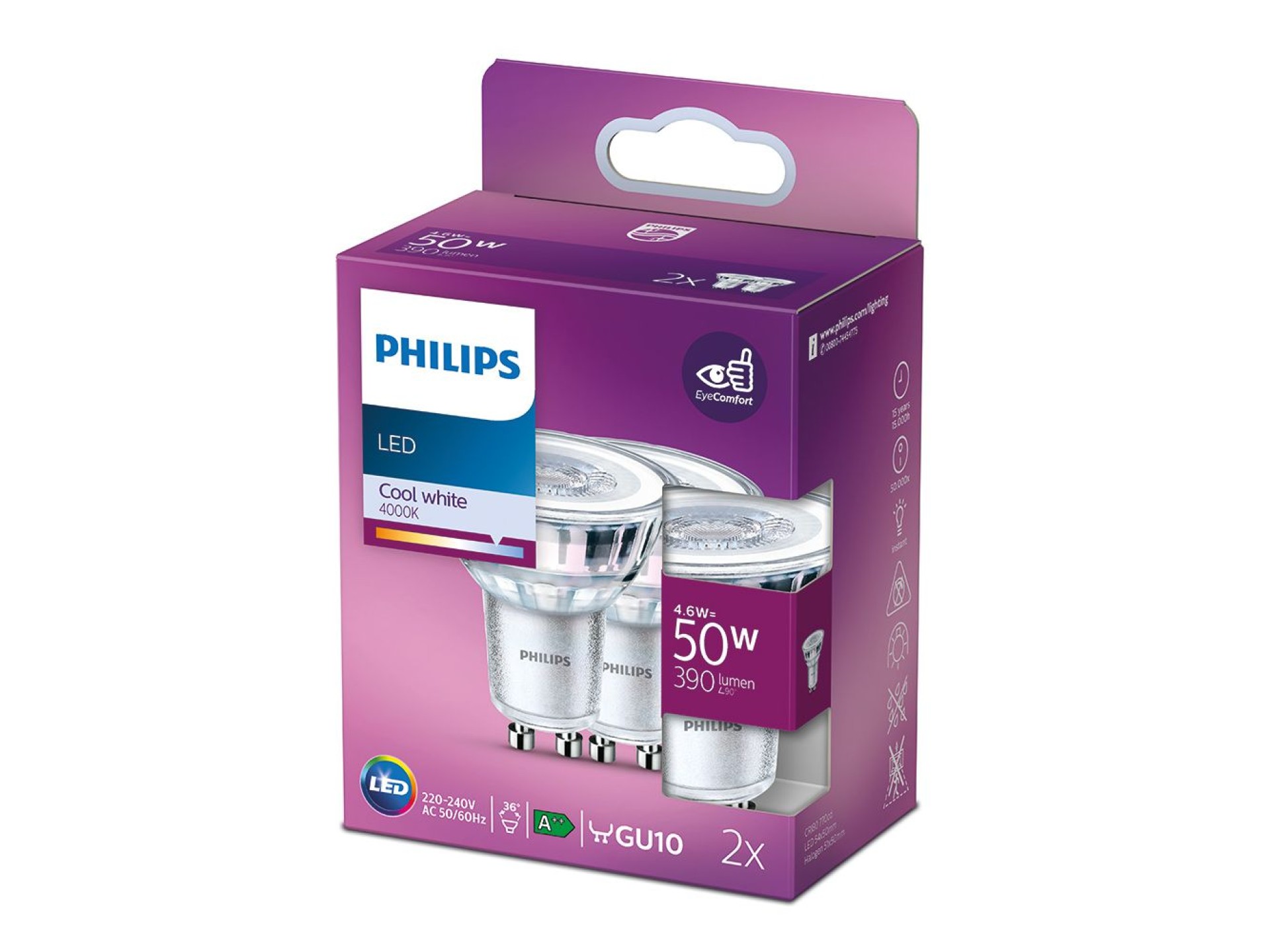 Gu10 led bulb 4.6 w 390 lm 4000 k daylight, 2 units