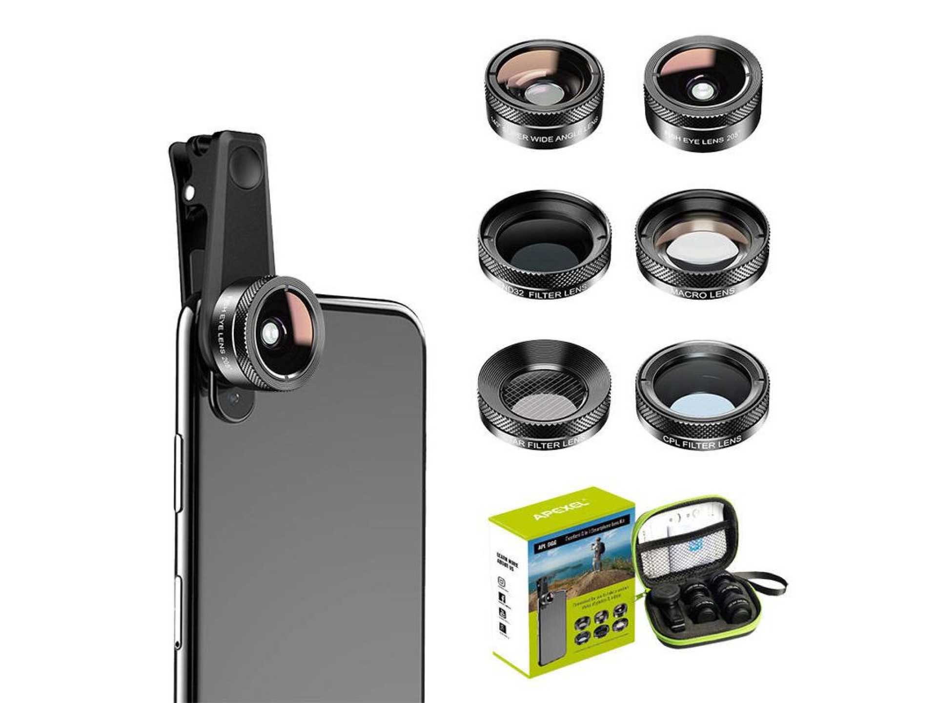 Kit de lentes móveis APEXEL APL-DG6V2 6 em 1 universal (preto)