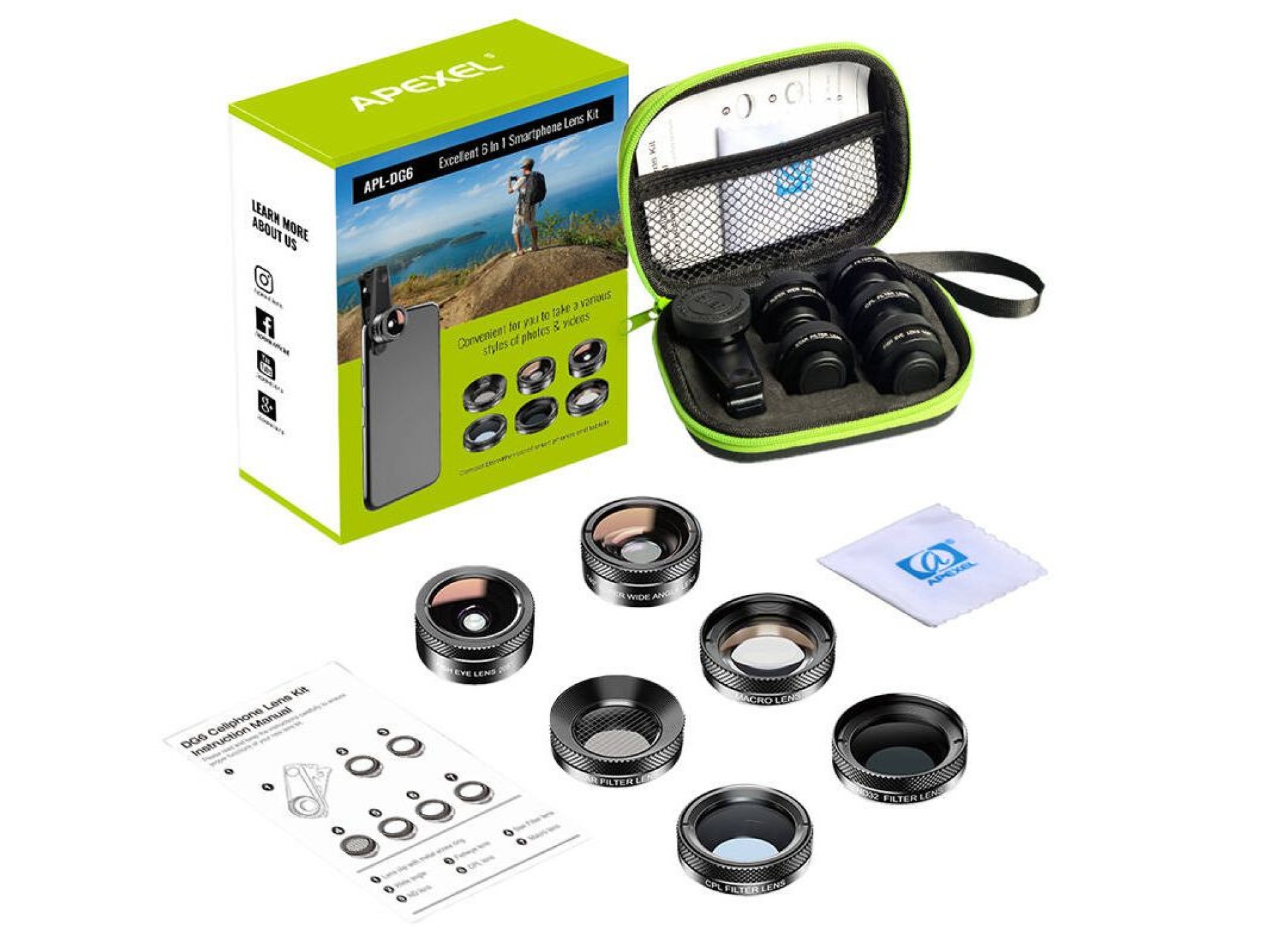 Kit de lentes móveis APEXEL APL-DG6V2 6 em 1 universal (preto)