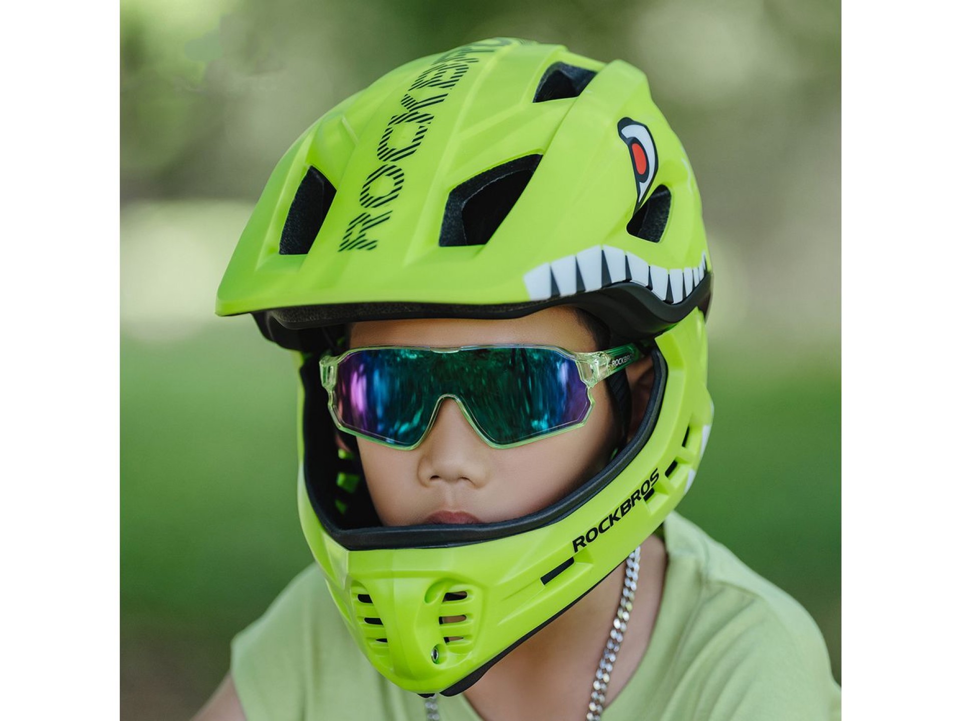 Casco de bicicleta infantil Rockbros TT-32004 Shark con mordaza desmontable, talla M (54-58), verde