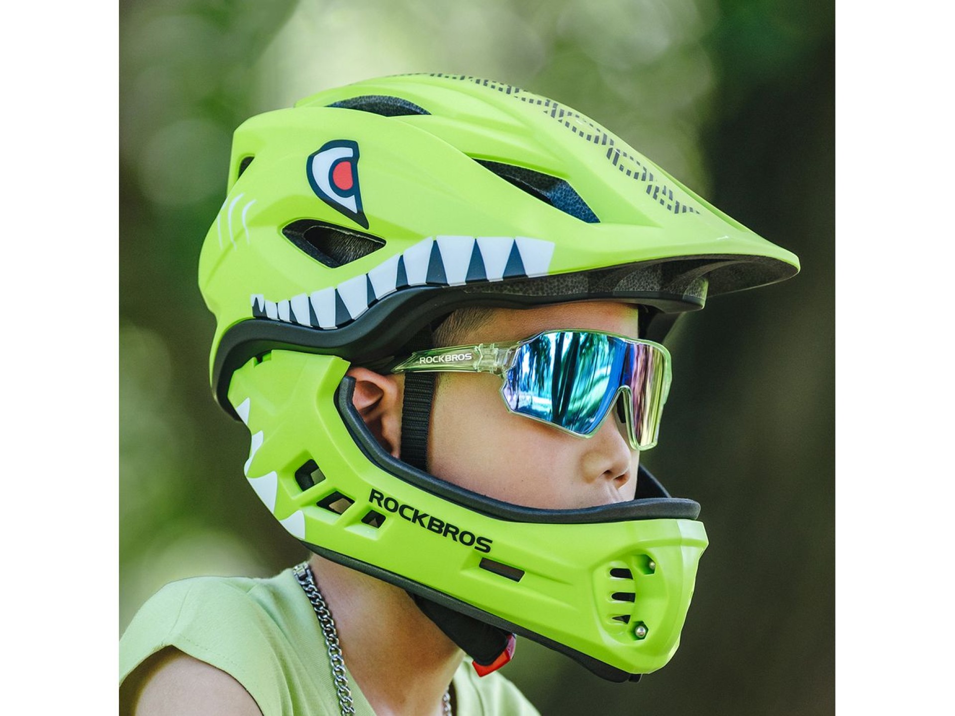 Casco de bicicleta infantil Rockbros TT-32004 Shark con mordaza desmontable, talla M (54-58), verde