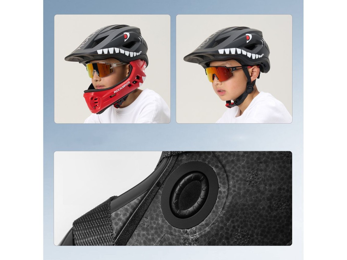 Capacete infantil para bicicleta Rockbros TT-32005 Shark com protetor de mandíbula removível, tamanh