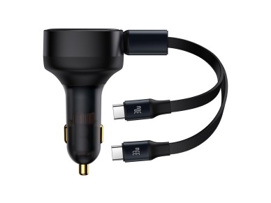 Carregador de carro Baseus Enjoyment Retrátil 2w1 30W preto com cabo 2x USB-C