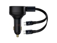 Cargador de coche Baseus Enjoyment Retráctil 2w1 30W negro con cable 2x USB-C