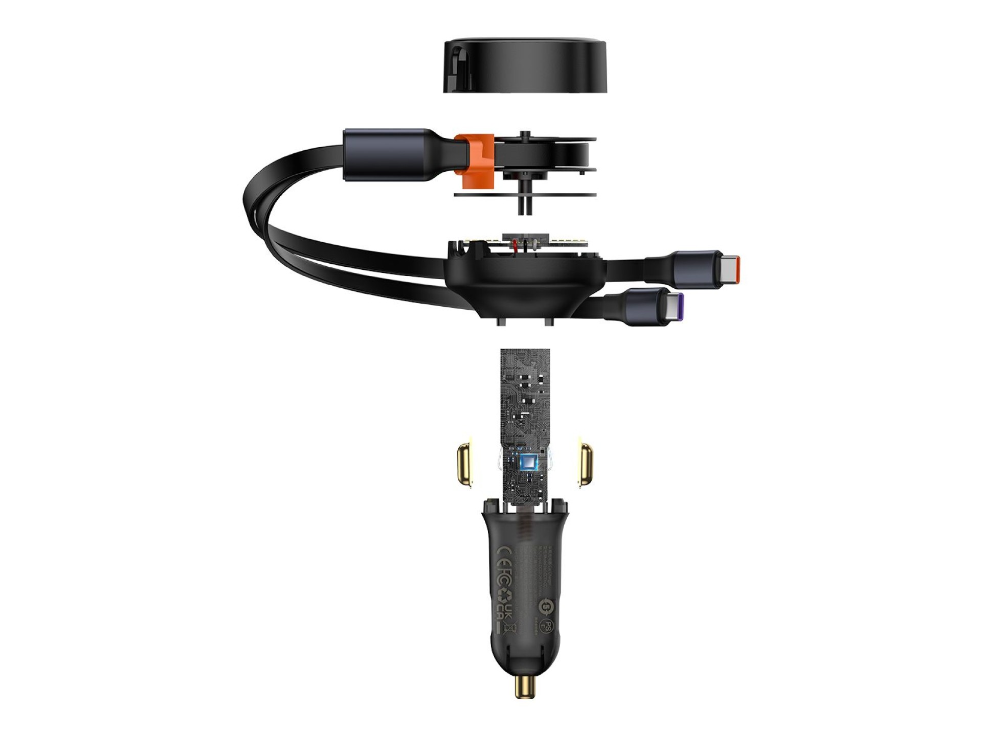 Baseus car charger Enjoyment Retractable 2w1 30W black with cable 2x USB-C