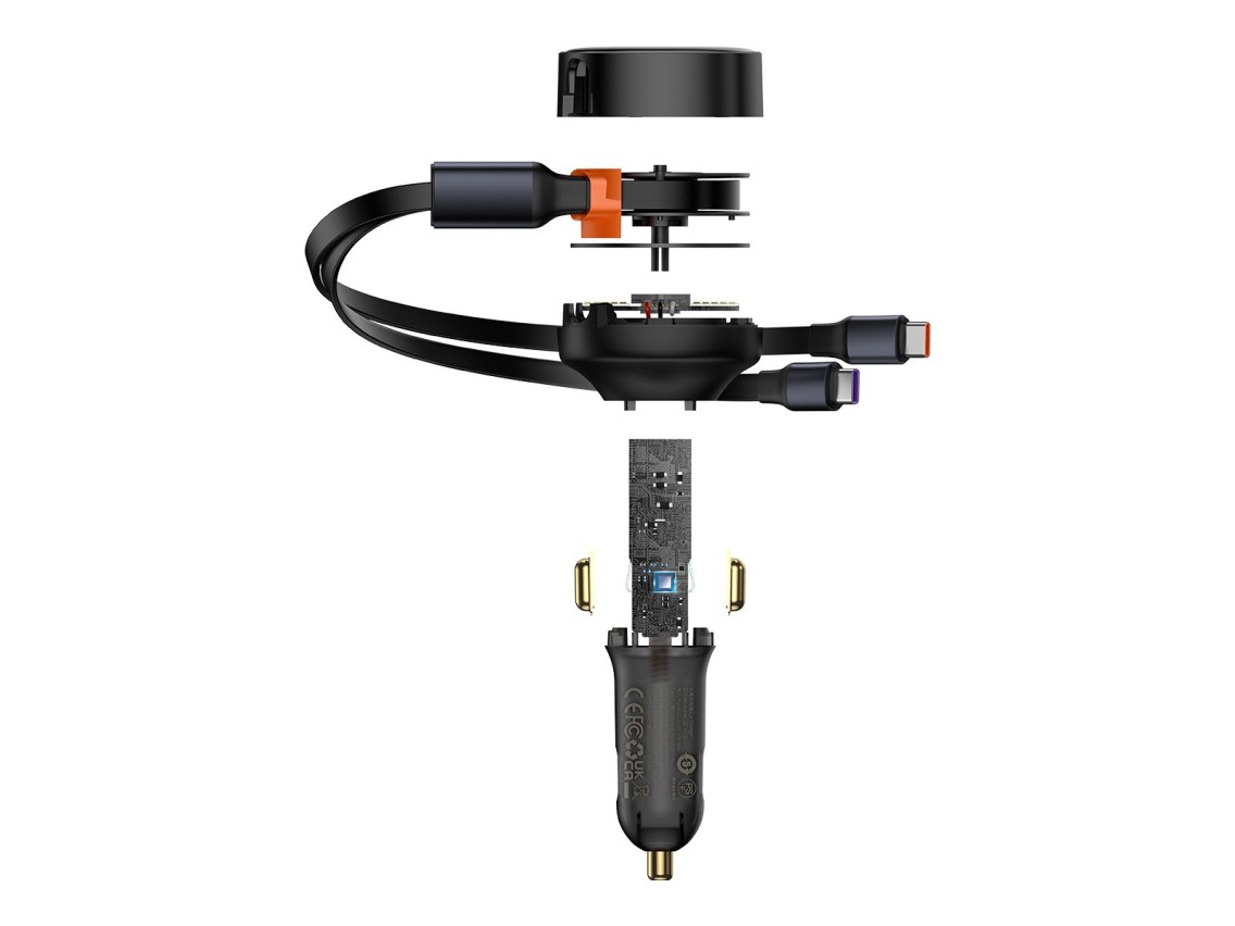 Baseus car charger Enjoyment Retractable 2w1 30W black with cable 2x USB-C
