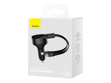 Cargador de coche Baseus Enjoyment Retráctil 2w1 30W negro con cable 2x USB-C