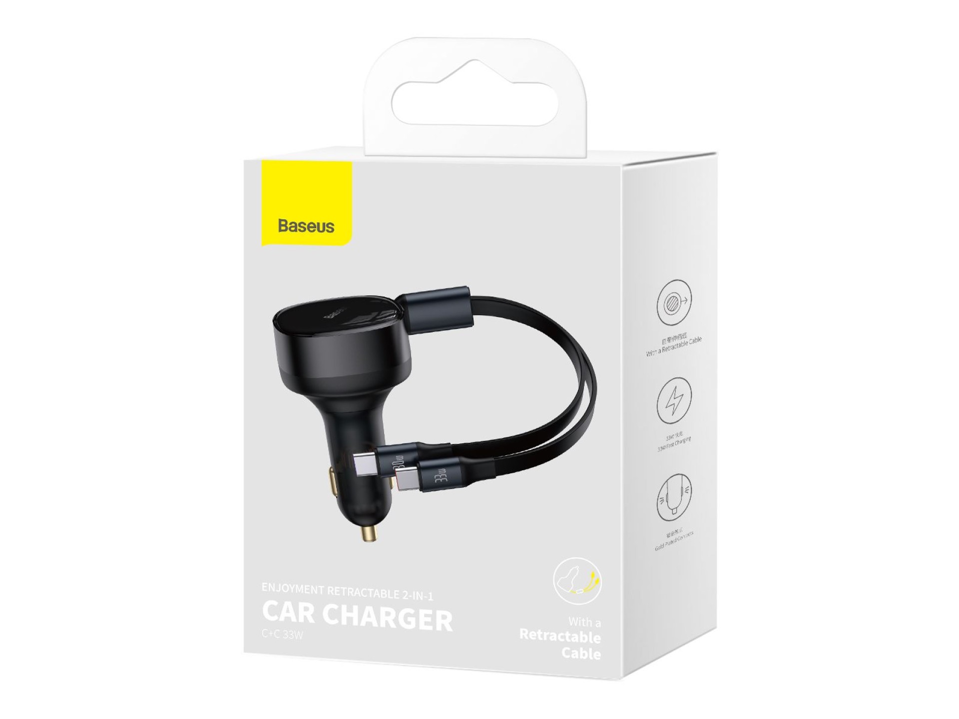 Baseus car charger Enjoyment Retractable 2w1 30W black with cable 2x USB-C
