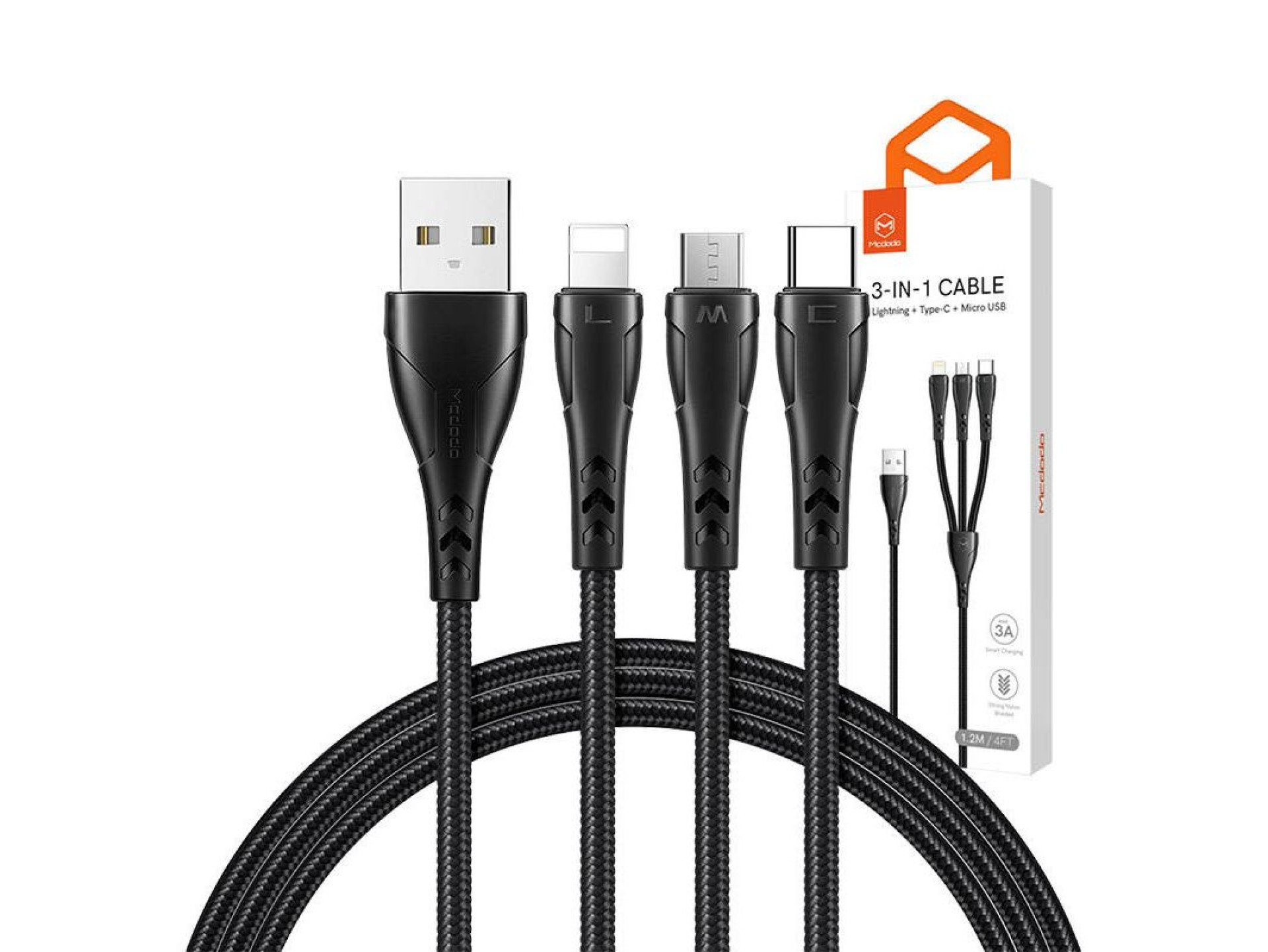 Cable USB a USB-C/Lightning/Micro USB 3 en 1, Mcdodo CA-6960, 1,2 m (Negro)