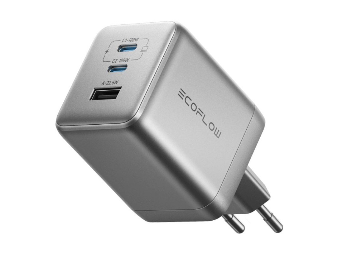 Carregador de tomada EcoFlow RAPID Pro 100W, 2xUSB-C, 1xUSB-A, GaN