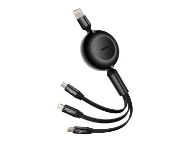 Cable Baseus Bright Mirror 2 3w1 USB - micro USB + Lightning + USB-C 1,1m 66W negro retráctil
