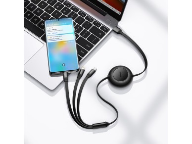 Cable Baseus Bright Mirror 2 3w1 USB - micro USB + Lightning + USB-C 1,1m 66W negro retráctil