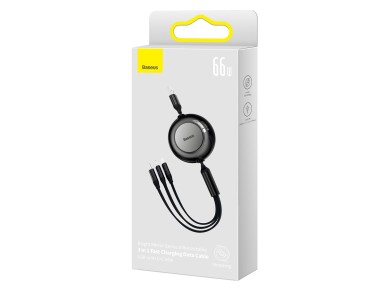Cable Baseus Bright Mirror 2 3w1 USB - micro USB + Lightning + USB-C 1,1m 66W negro retráctil