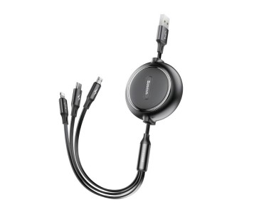 Cable retráctil Baseus Golden Loop 3 en 1 USB - micro USB + Lightning + USB-C 1,2 m 3,5 A negro