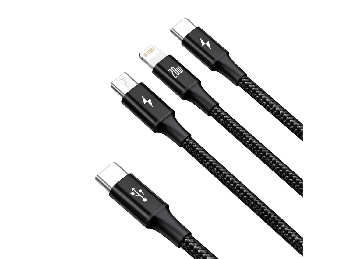 Cable Baseus 3 en 1 Rapid PD USB-C - micro USB + Lightning + USB-C 1,5 m negro 20 W