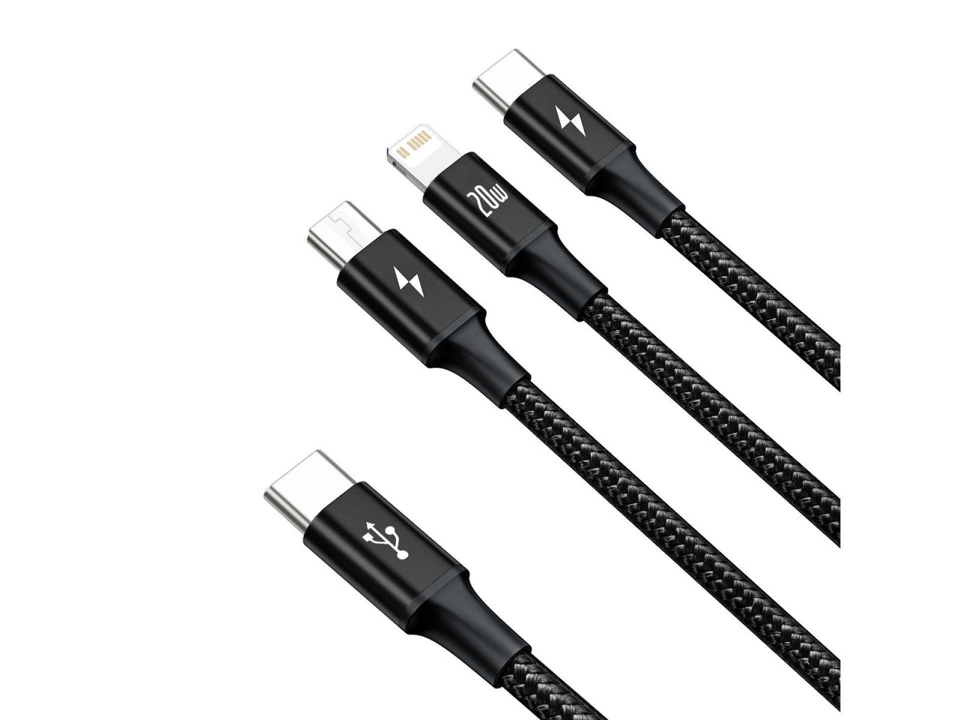 Cable Baseus 3 en 1 Rapid PD USB-C - micro USB + Lightning + USB-C 1,5 m negro 20 W