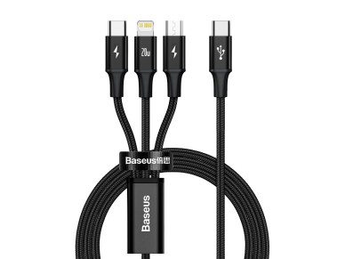 Cable Baseus 3 en 1 Rapid PD USB-C - micro USB + Lightning + USB-C 1,5 m negro 20 W
