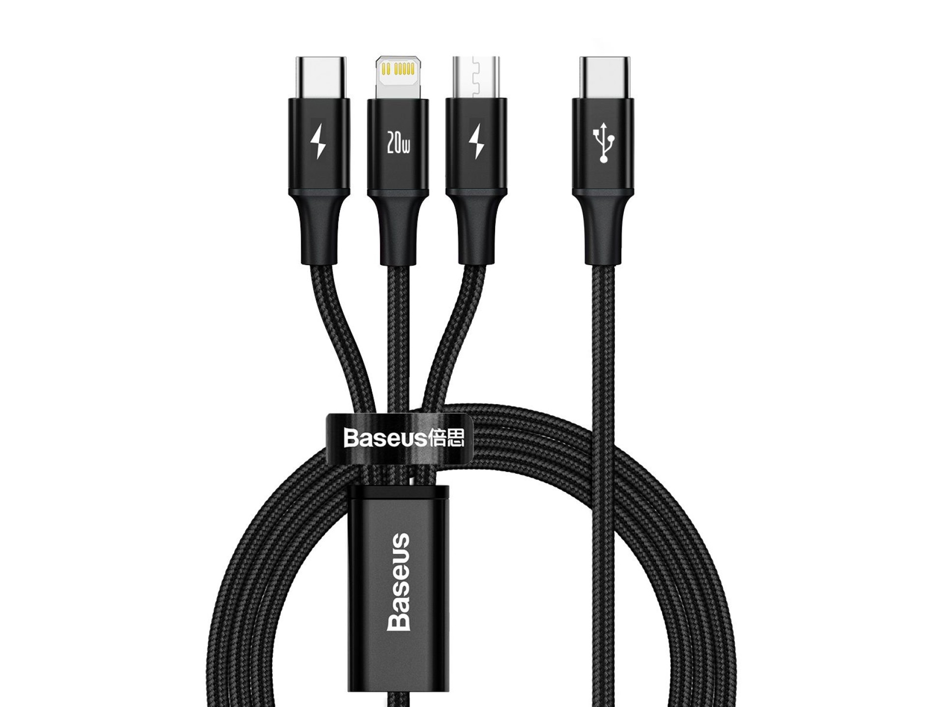 Cable Baseus 3 en 1 Rapid PD USB-C - micro USB + Lightning + USB-C 1,5 m negro 20 W