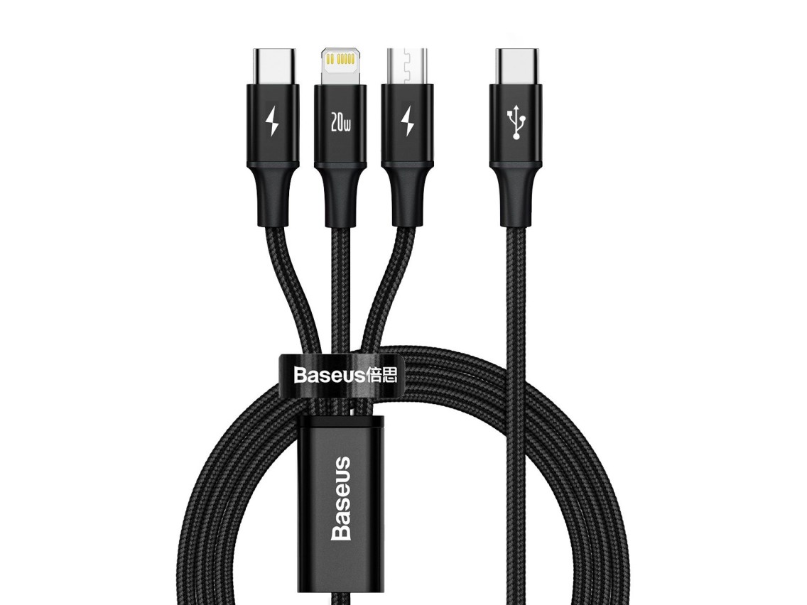 Cable Baseus 3 en 1 Rapid PD USB-C - micro USB + Lightning + USB-C 1,5 m negro 20 W