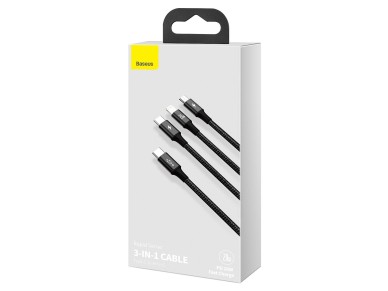 Cable Baseus 3 en 1 Rapid PD USB-C - micro USB + Lightning + USB-C 1,5 m negro 20 W