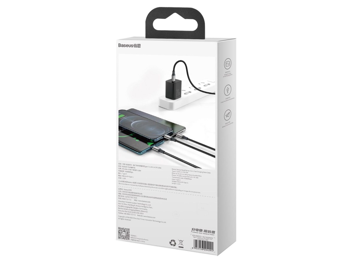 Cable Baseus 3 en 1 Rapid PD USB-C - micro USB + Lightning + USB-C 1,5 m negro 20 W