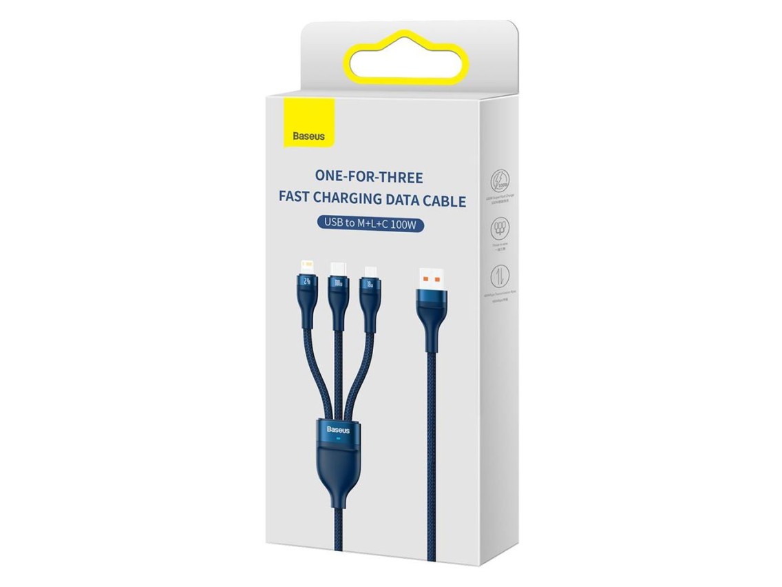 Cable Baseus 3 en 1 Flash II USB - Lightning + USB-C + microUSB 1,2 m 3,5A azul