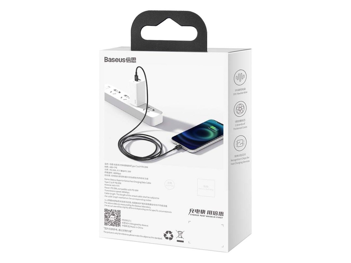 Cable Baseus Superior PD USB-C - Lightning 1,0 m negro 20 W