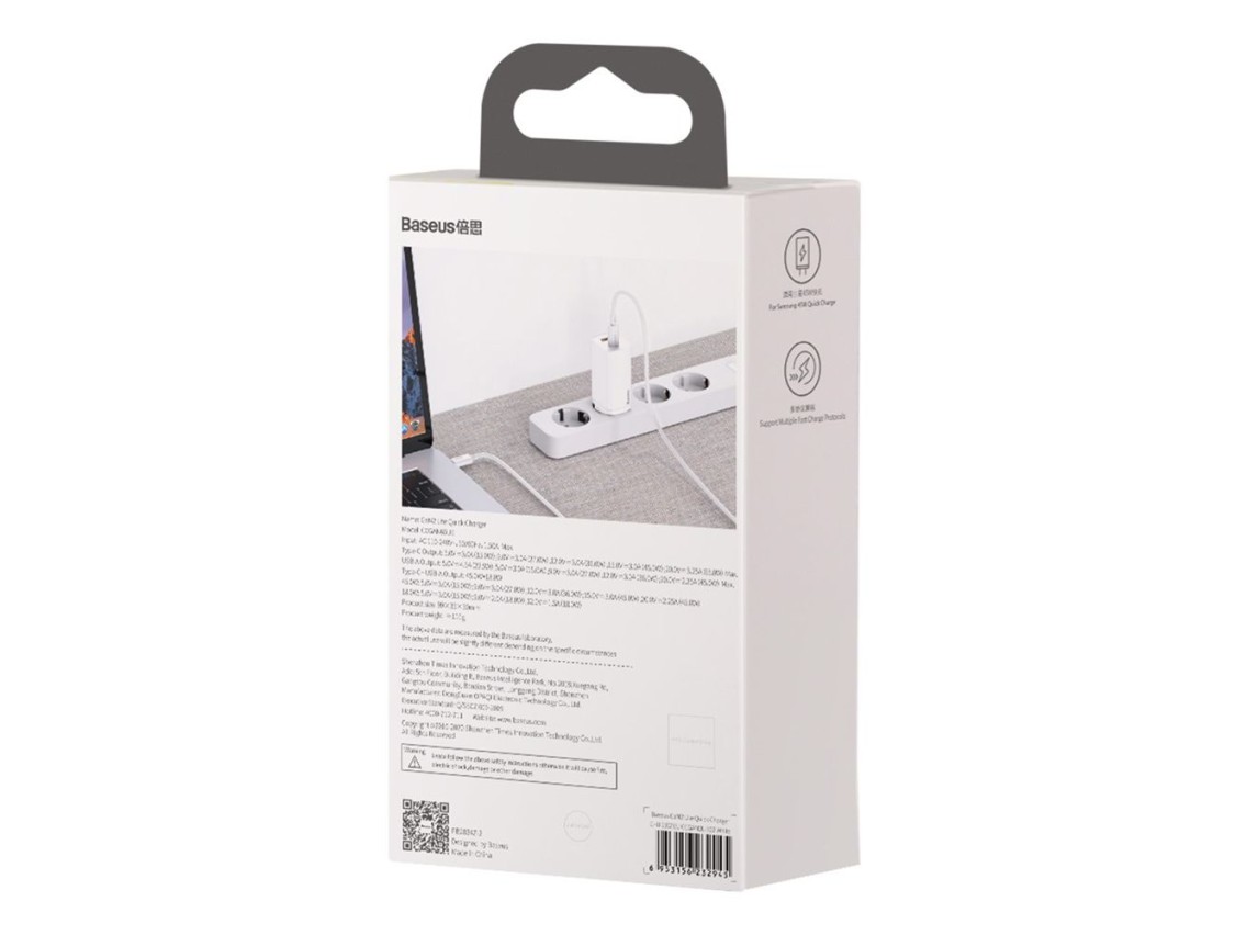 Baseus wall charger GaN2 Lite PD 65W 1x USB-C 1x USB white