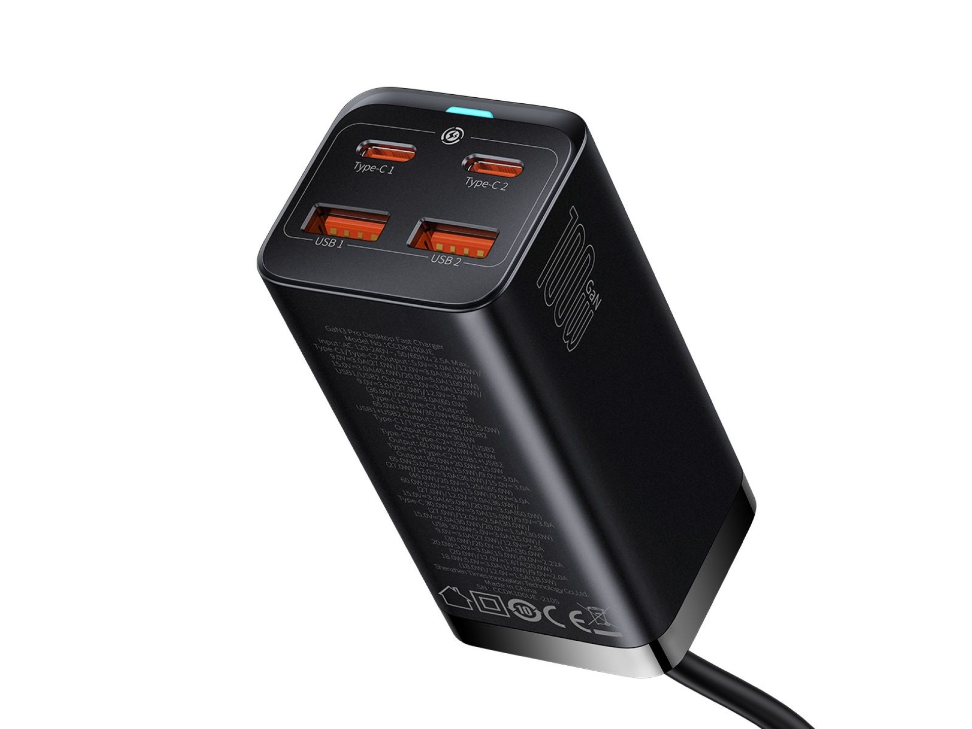 Carregador de parede Baseus GaN3 Pro 100W 2x USB-C 2x USB preto