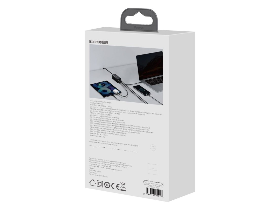 Carregador de parede Baseus GaN3 Pro 100W 2x USB-C 2x USB preto