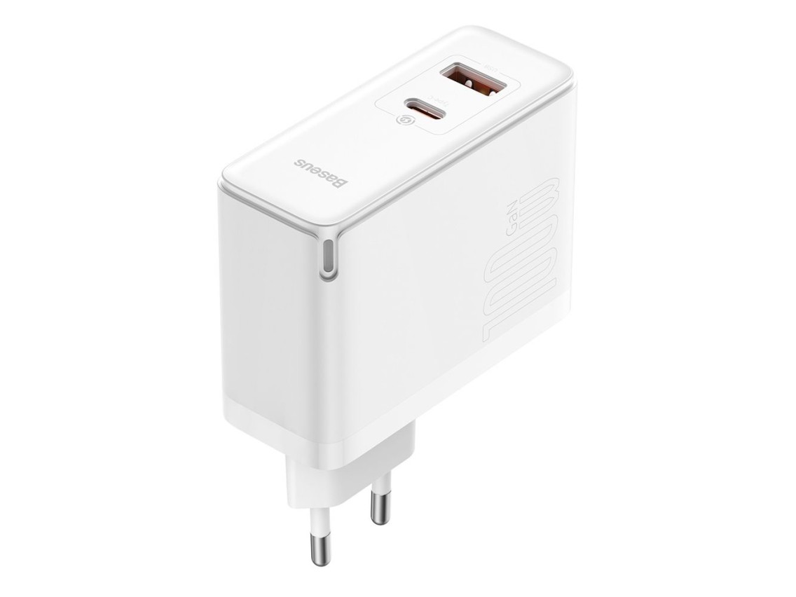 Carregador de parede Baseus GaN5 Pro PD 100W 1x USB-C 1x USB branco+ USB-C - USB-C