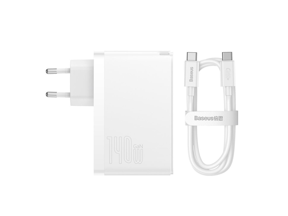 Cargador de pared Baseus GaN5 Pro PD 140W 2x USB-C 1x USB blanco + cable USB-C - USB-C 240W