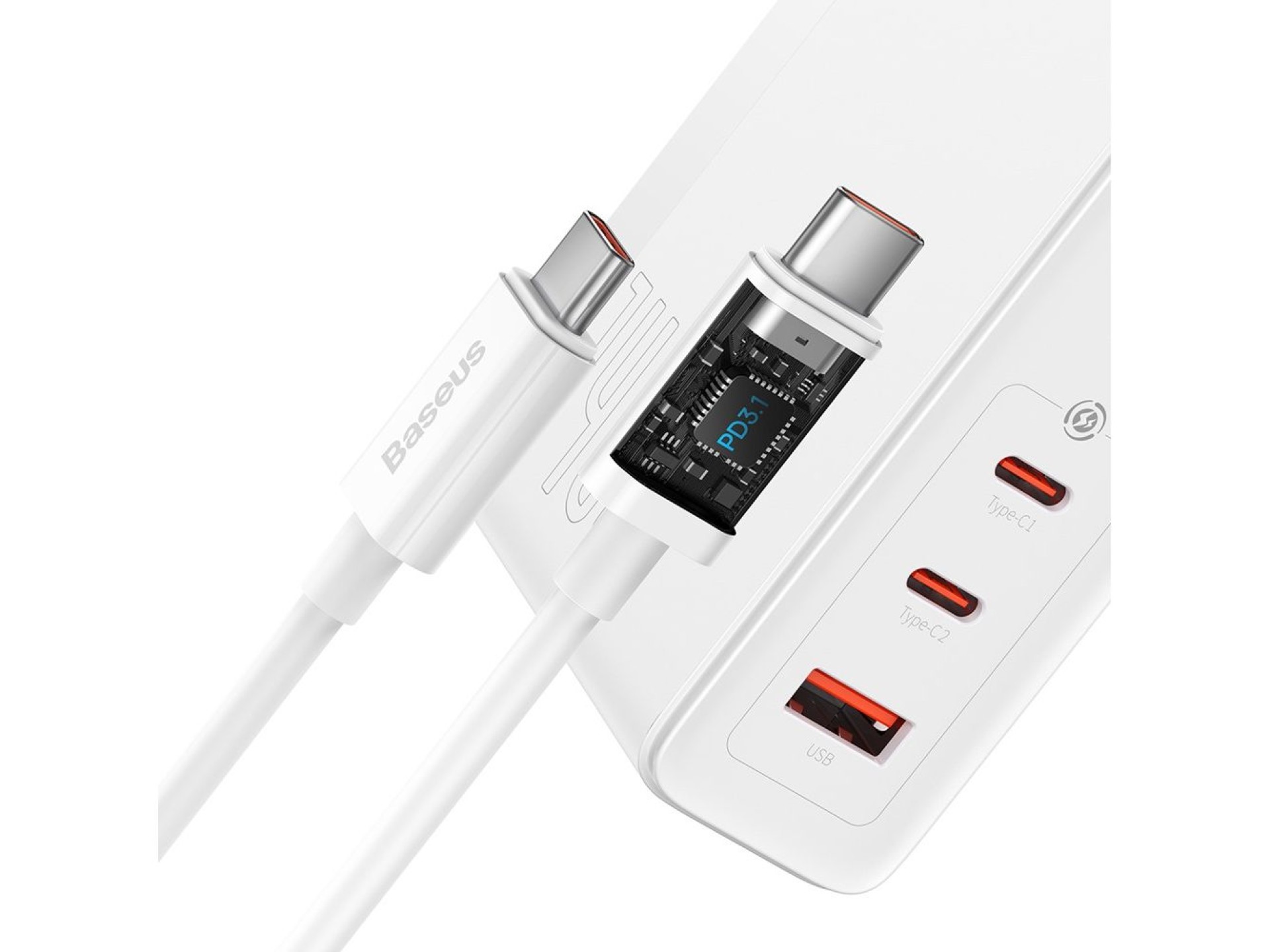 Cargador de pared Baseus GaN5 Pro PD 140W 2x USB-C 1x USB blanco + cable USB-C - USB-C 240W